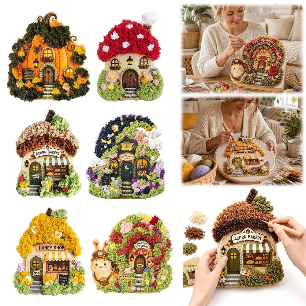 Art Craft Village - Scherpe Zinige Dorps-3D-Stoffen-Poke-Art-Kit 3D-Gestructureerd Dorpsthema Garen-Dorpsknutselset